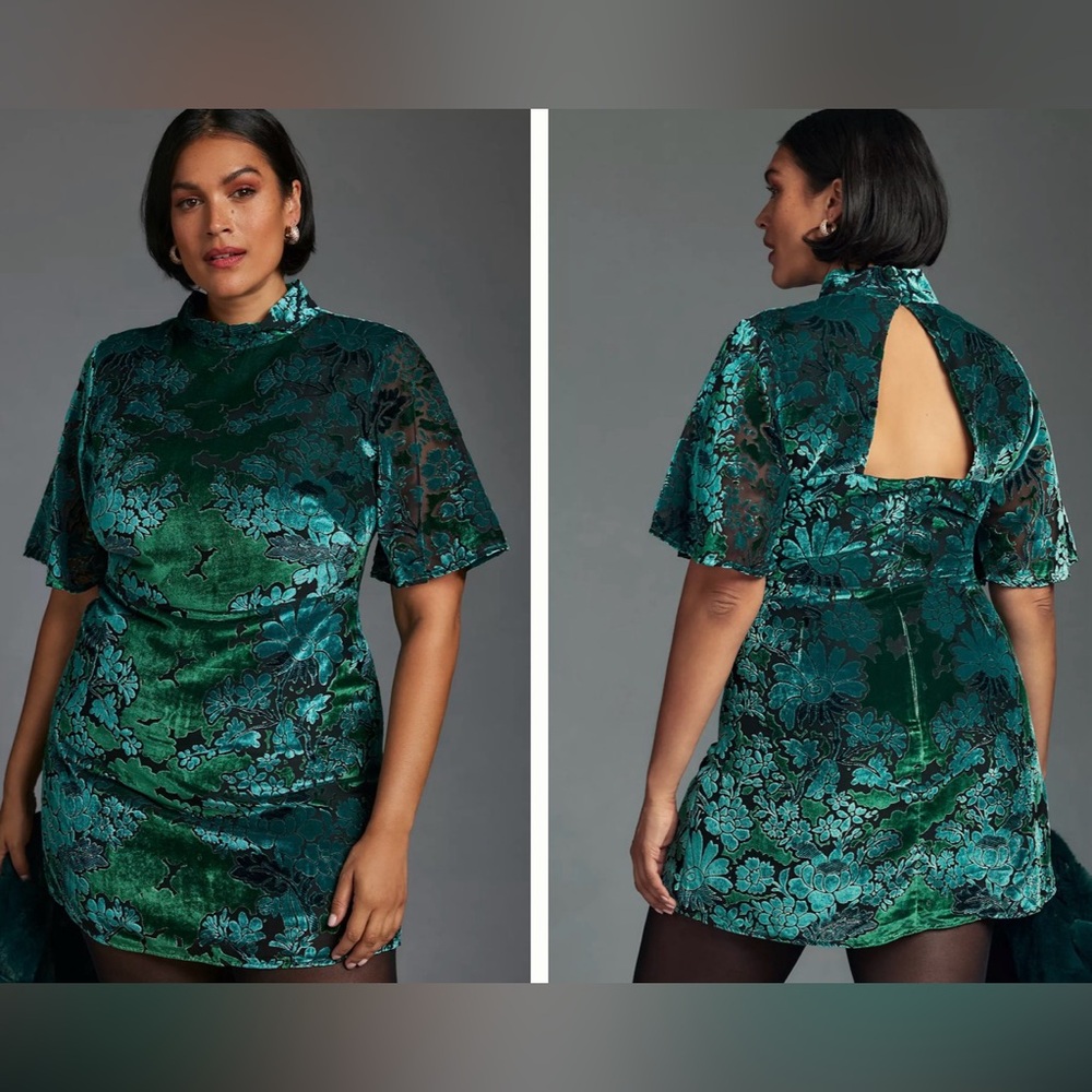 By Anthropologie Floral Velvet Dress in Teal and Black - Picture 2 of 10